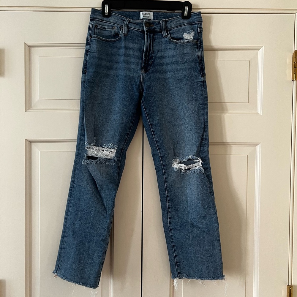 Kensie Blue Distressed Cropped Straight Jeans
